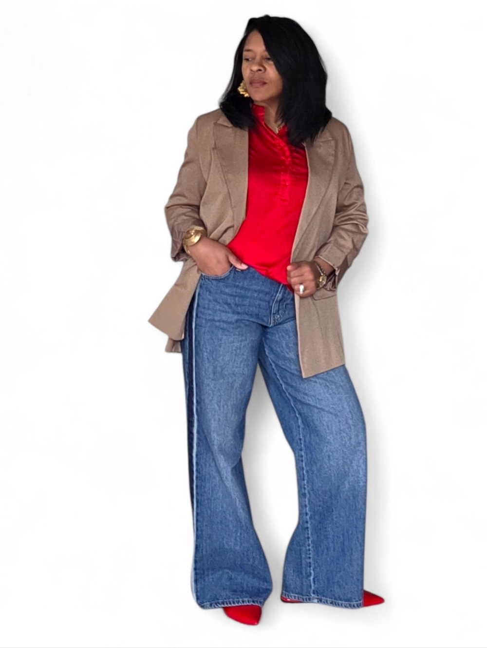 PRIMARK Wide Leg Mid Rise Jeans Two Tone Denim Side Stripe - Picture 2 of 16